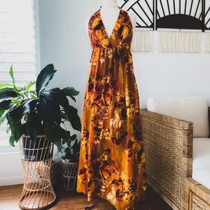 Golden Hibiscus Vintage Hawaiian Maxi Halter (M)
